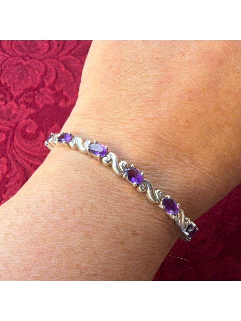 925 Sterling Silver Purple Amethyst Tennis Bracelet Oval Cut S Wave Link 7.75"